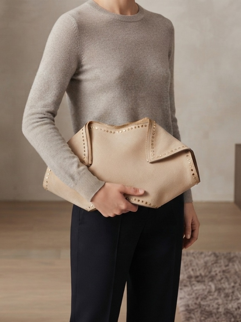 Alexander McQueen Taupe Suede Studded Manta Fold-Over Clutch